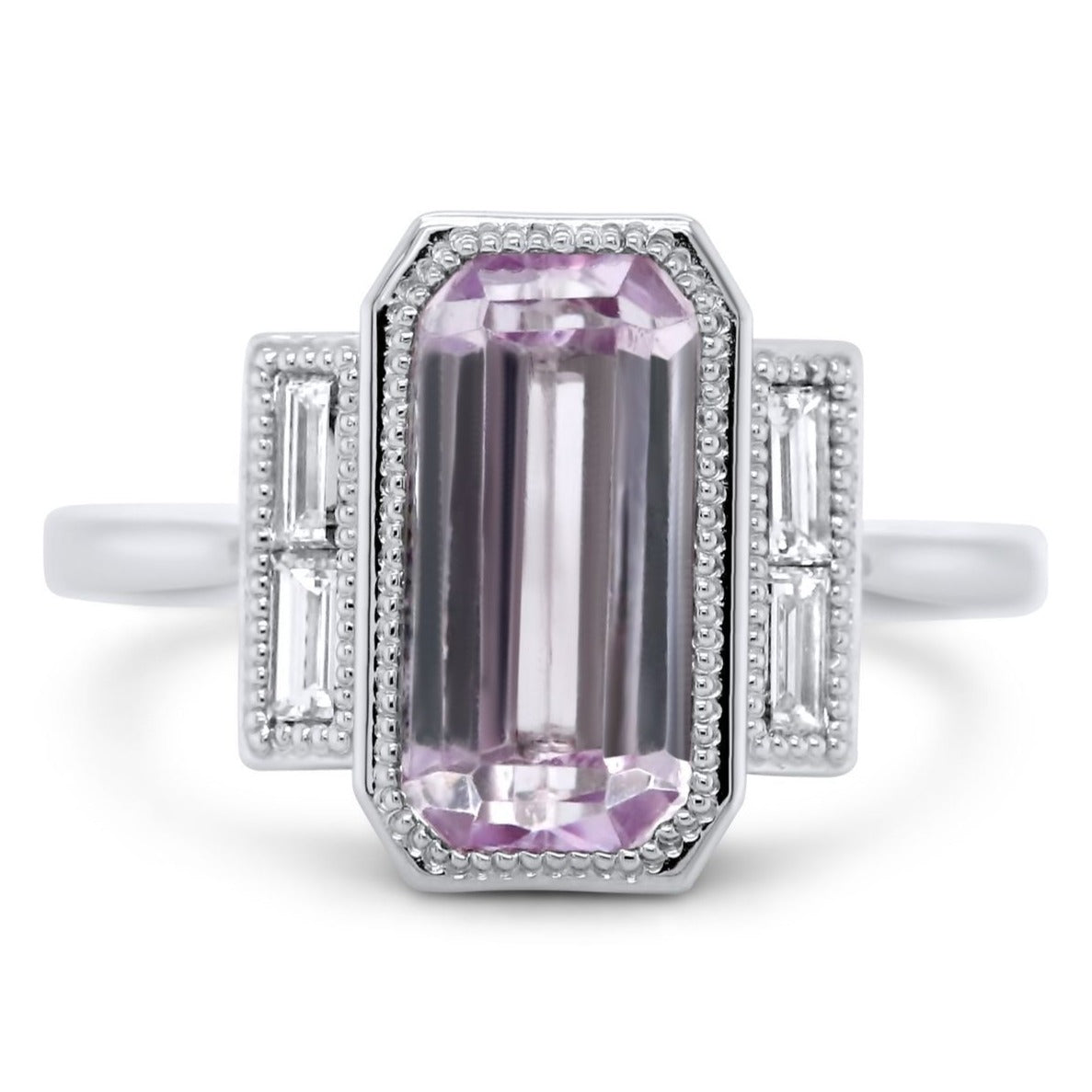 14k white gold pink kunzite baguette gemstone ring with small diamond baguette side stones