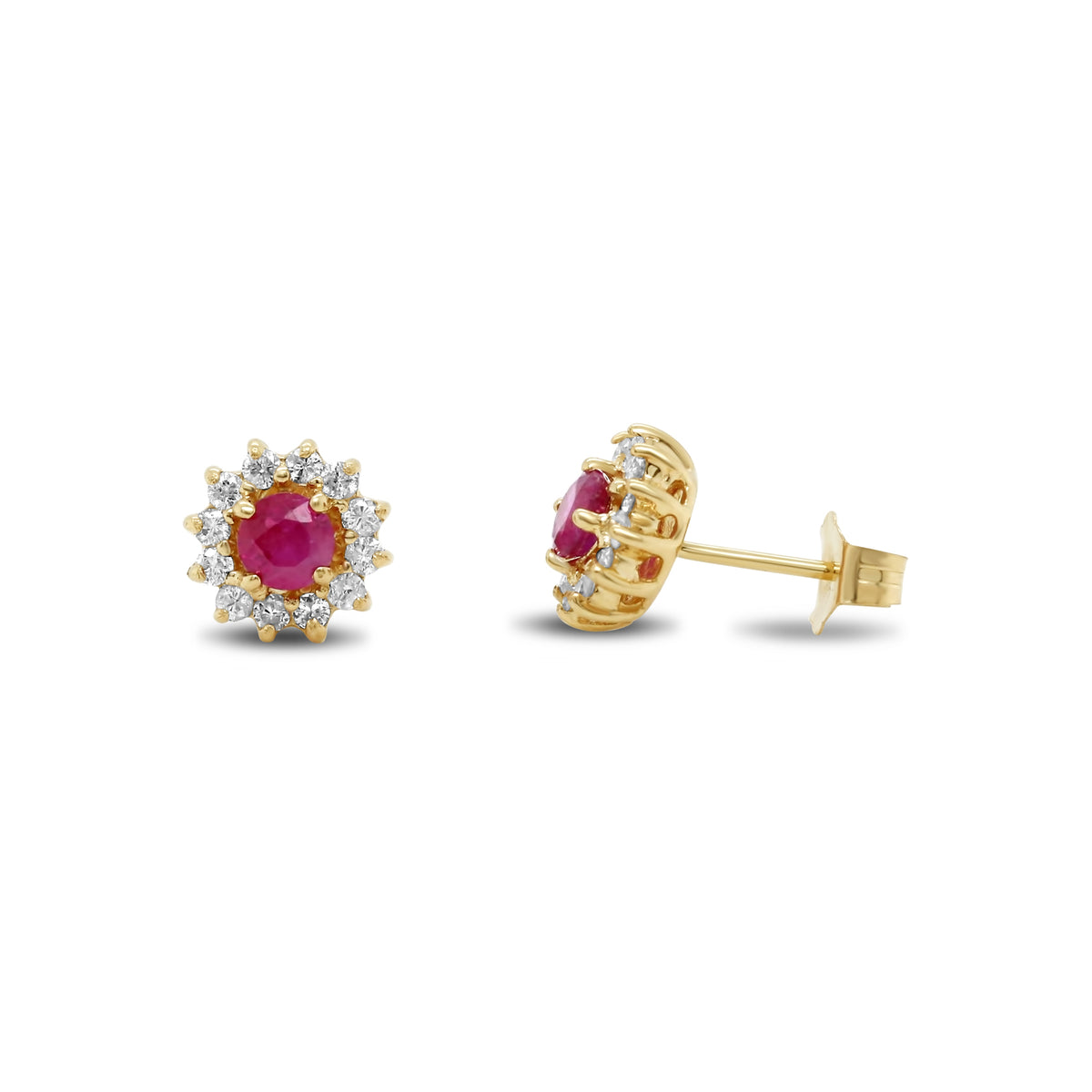 14k yellow gold round cut Burma rubies with diamond halo stud estate earrings
