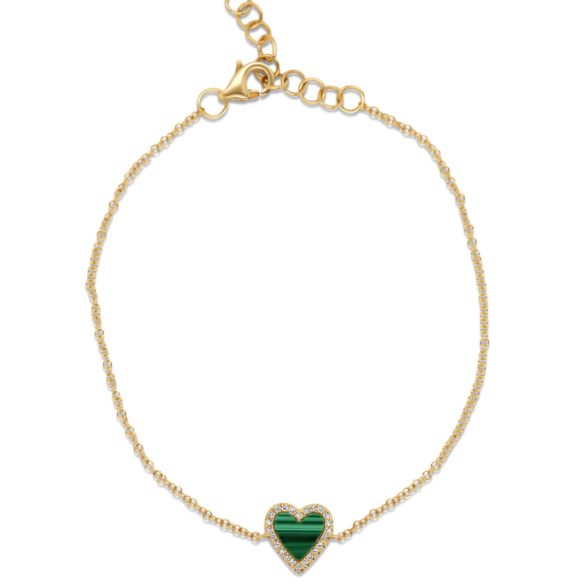 14k yellow gold heart shaped green malachite gemstone diamond pave halo dainty bracelet