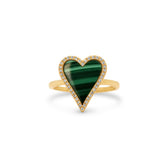 14k yellow gold elongated heart shaped green malachite gemstone diamond pave halo ring