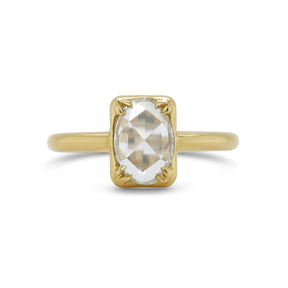 14k gold rose cut oval shape diamond inset rectangle gold back with corner split prongs neutral vintage inspired engagement ring