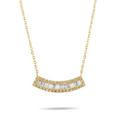 14k yellow gold slightly curved diamond bar necklace with baguette and round diamonds
