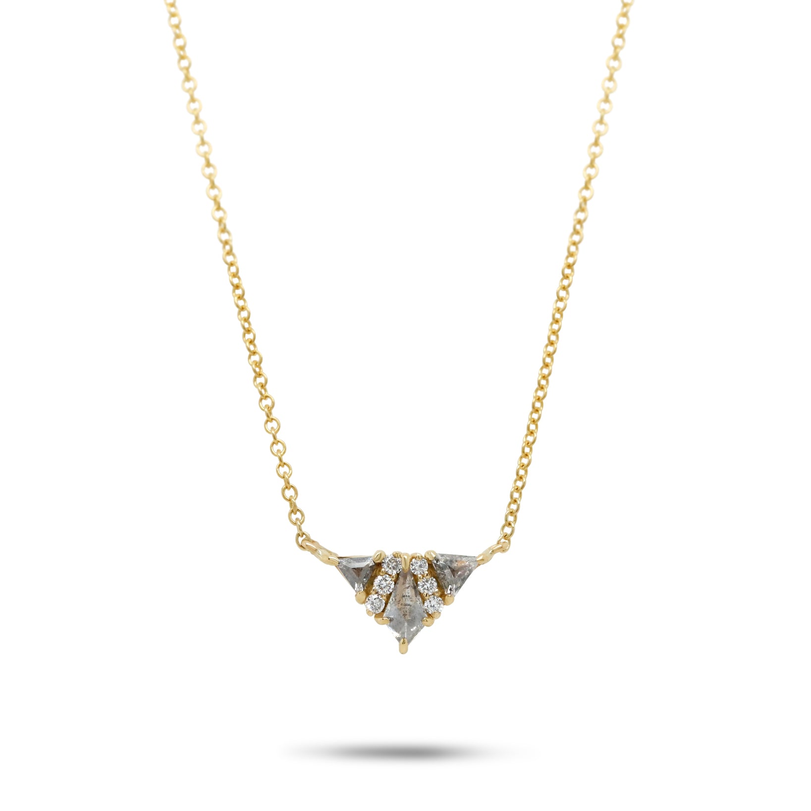14k yellow gold triangle illusion cluster necklace kite and triangle shape gray diamonds with round brilliant cut accent diamonds