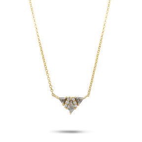 14k yellow gold triangle illusion cluster necklace kite and triangle shape gray diamonds with round brilliant cut accent diamonds