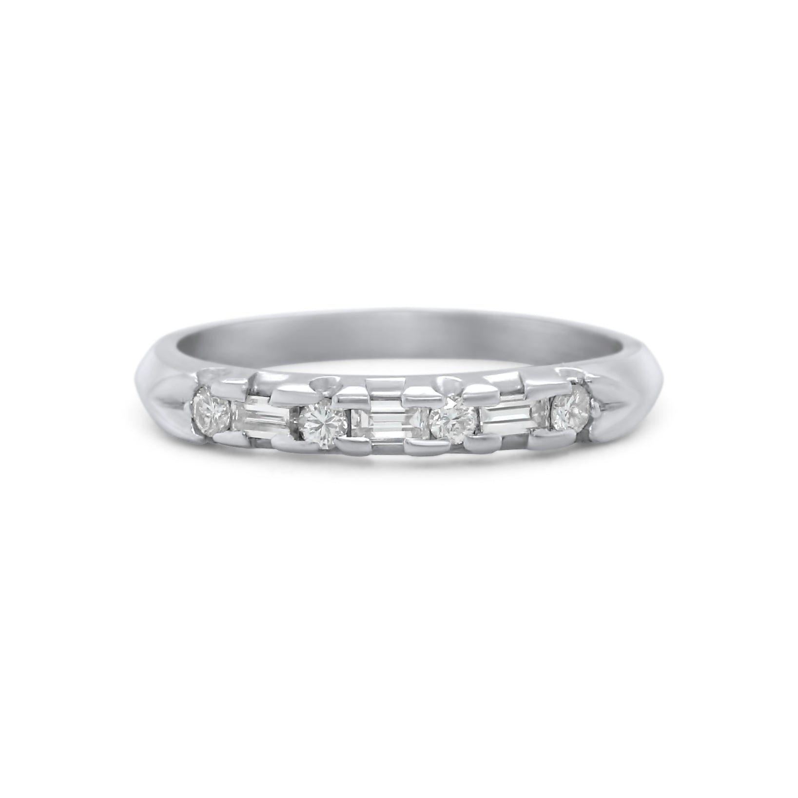 Platinum round and baguette cut diamond estate wedding band