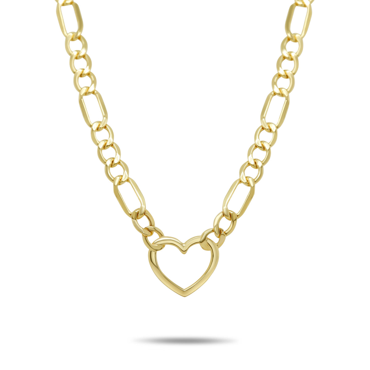 18 inch 14k yellow gold medium thick figaro chain heart pendant necklace
