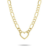 18 inch 14k yellow gold medium thick figaro chain heart pendant necklace