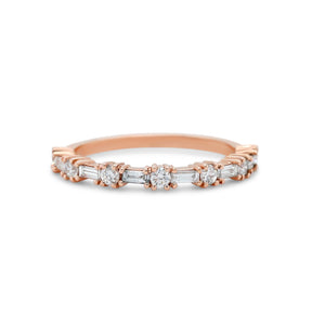 14k yellow white or rose gold baguette and round diamond wedding band prong set