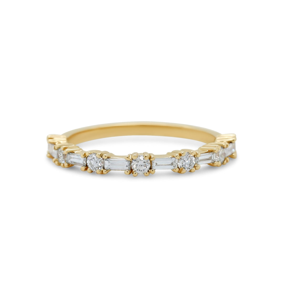 14k yellow white or rose gold baguette and round diamond wedding band prong set