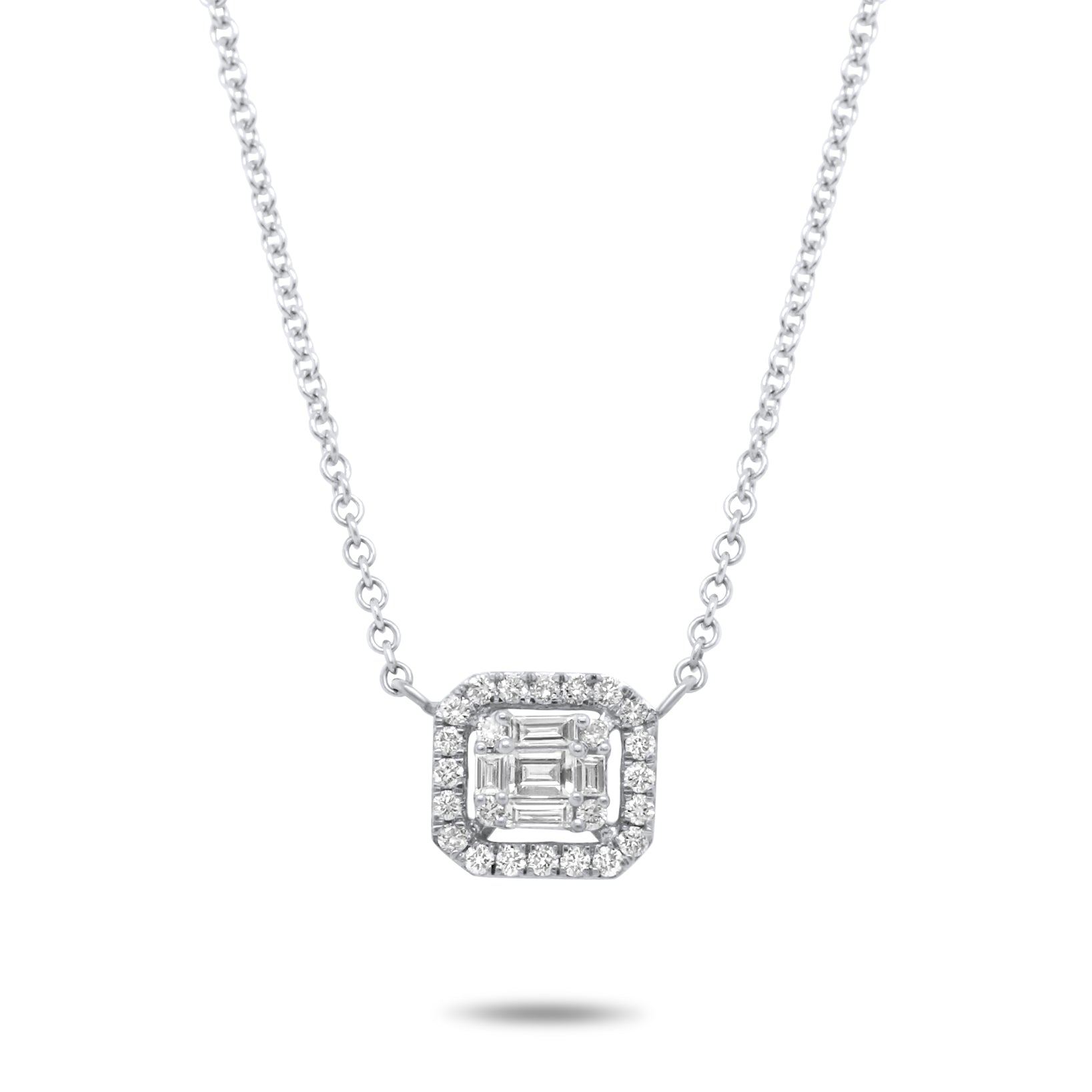 14k gold baguette and round diamond cluster illusion to step cut center diamond with diamond halo pendant necklace