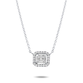 14k gold baguette and round diamond cluster illusion to step cut center diamond with diamond halo pendant necklace