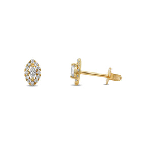 14k yellow gold marquise center stone diamond stud earrings with diamond halo