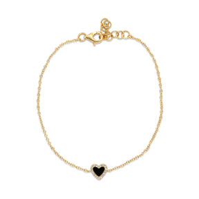 14k yellow gold heart shaped black onyx gemstone diamond pave halo dainty bracelet