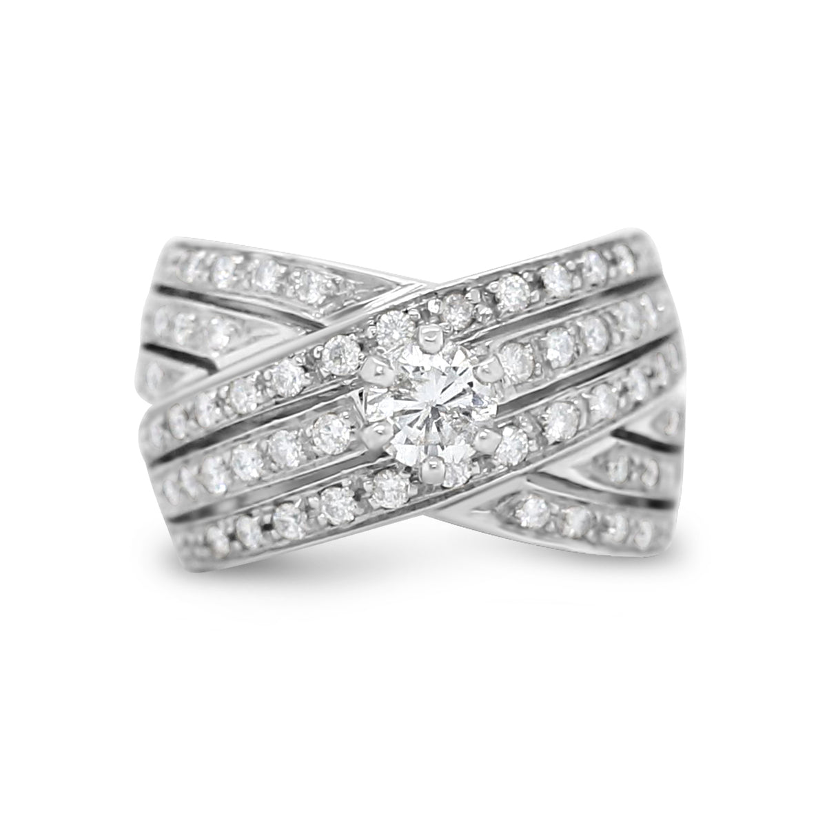 14k white gold chunky modern diamond criss cross estate ring