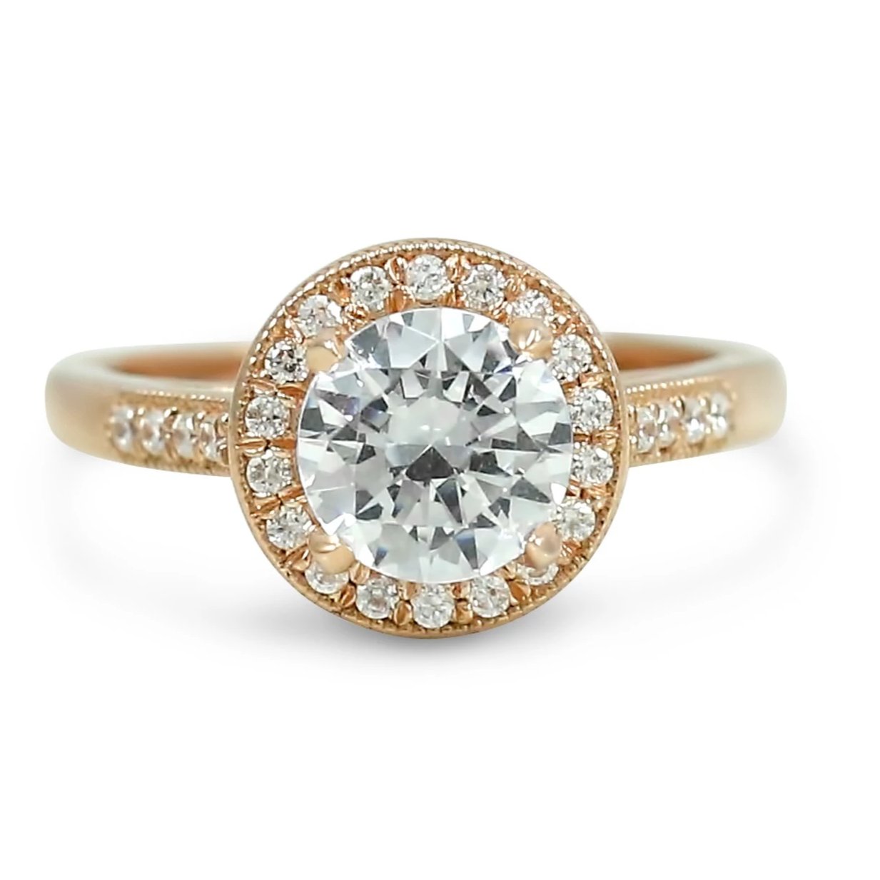 ready to ship diamond engagement ring with a matching milgrain diamond halo, diamonds on the band and filigree details. various shapes and metals available