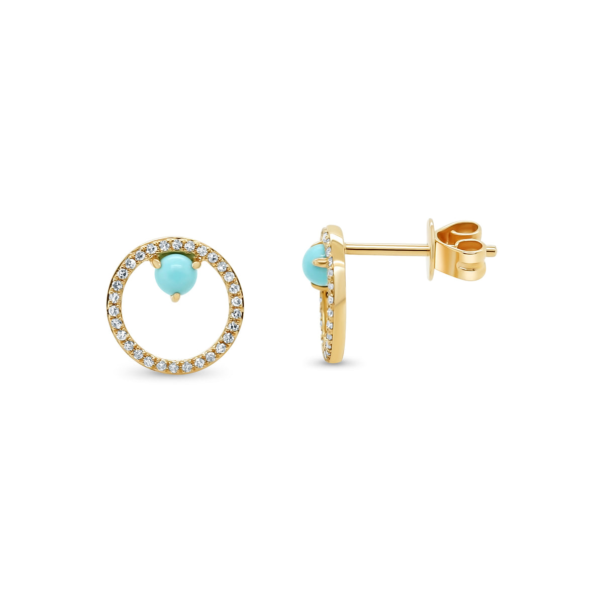 14k yellow gold diamond pave open ring with turquoise accent stud earrings