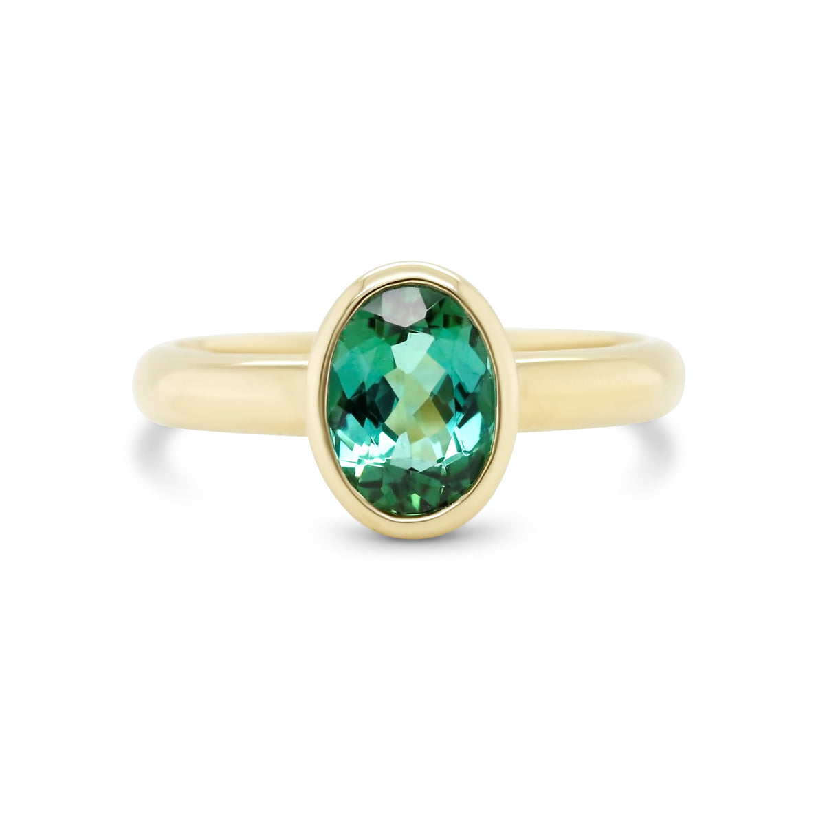 14k yellow gold bezel set oval green tourmaline gemstone ring