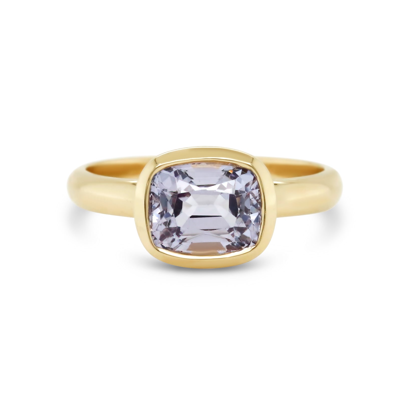 Chunky 14k yellow gold bezel set cushion cut purple spinel gemstone ring