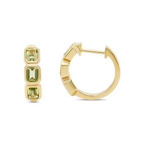14k yellow gold bezel set emerald cut peridot white topaz garnet gemstone huggie hoop earrings