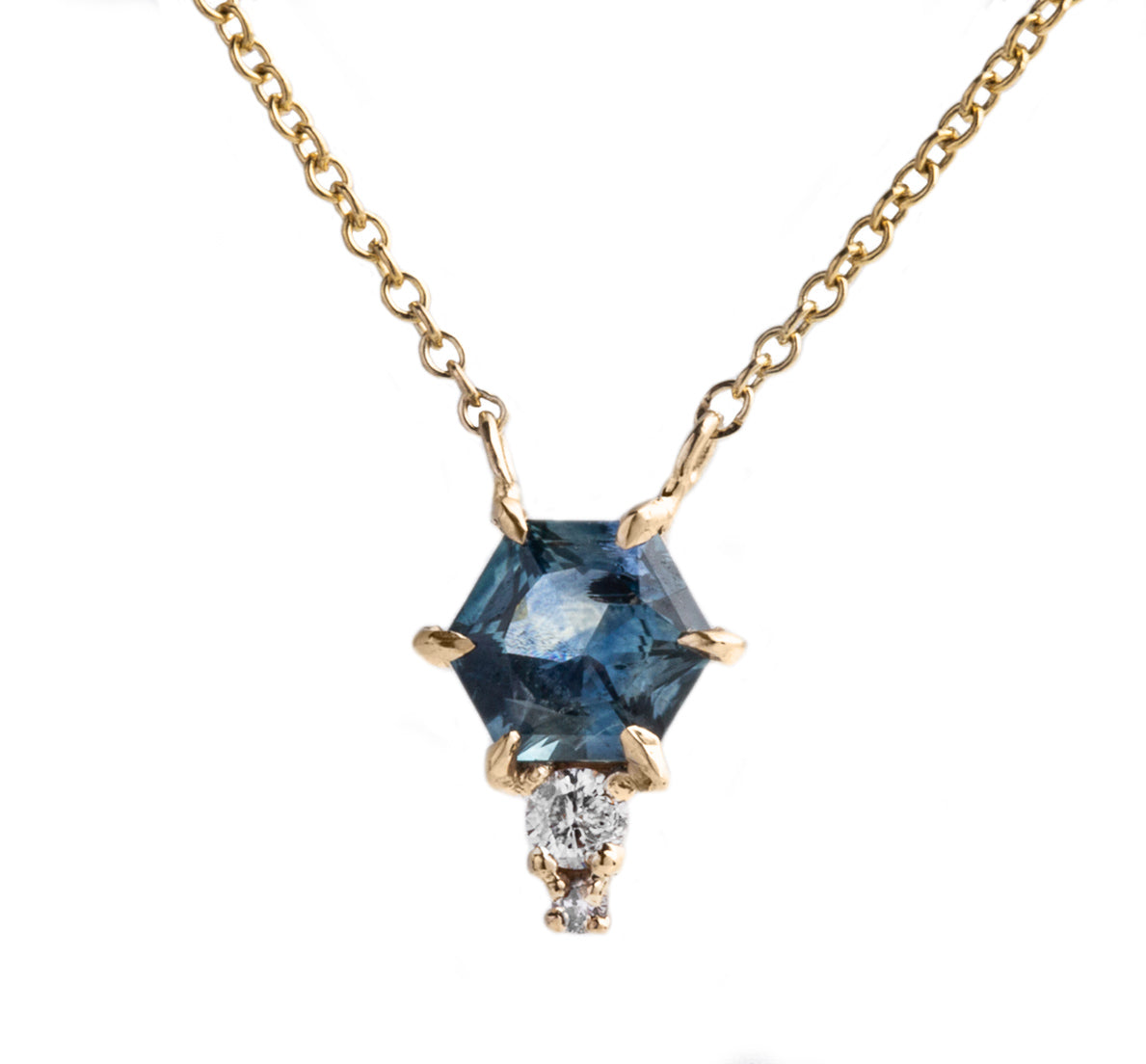 0.70ct hexagon shape Montana sapphire 6 prongs with double diamond accents 14k yellow gold pendant necklace