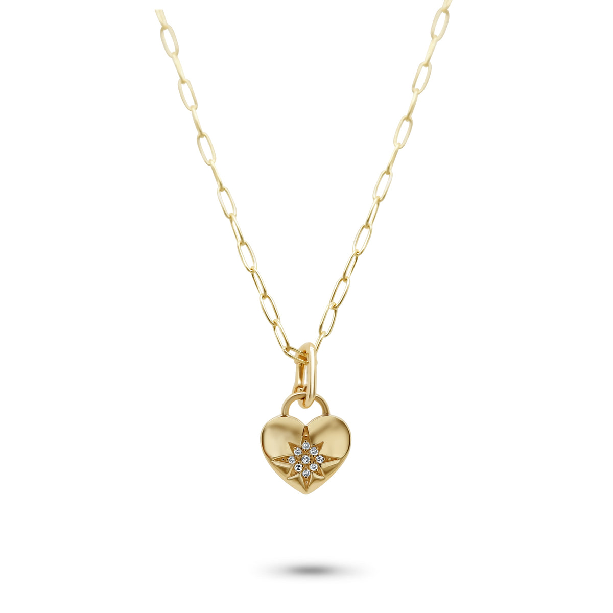 14k yellow gold heart locket with diamond pave star charm pendant necklace on oval link chain