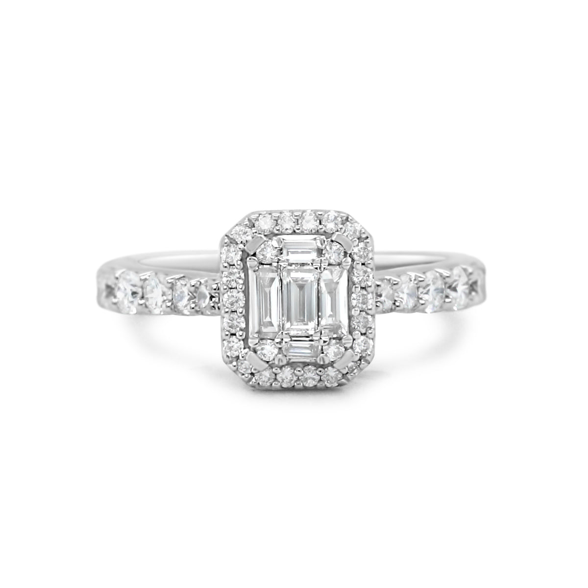 14k white gold emerald and round cut diamond estate engagement ring with diamond halo and accent stones