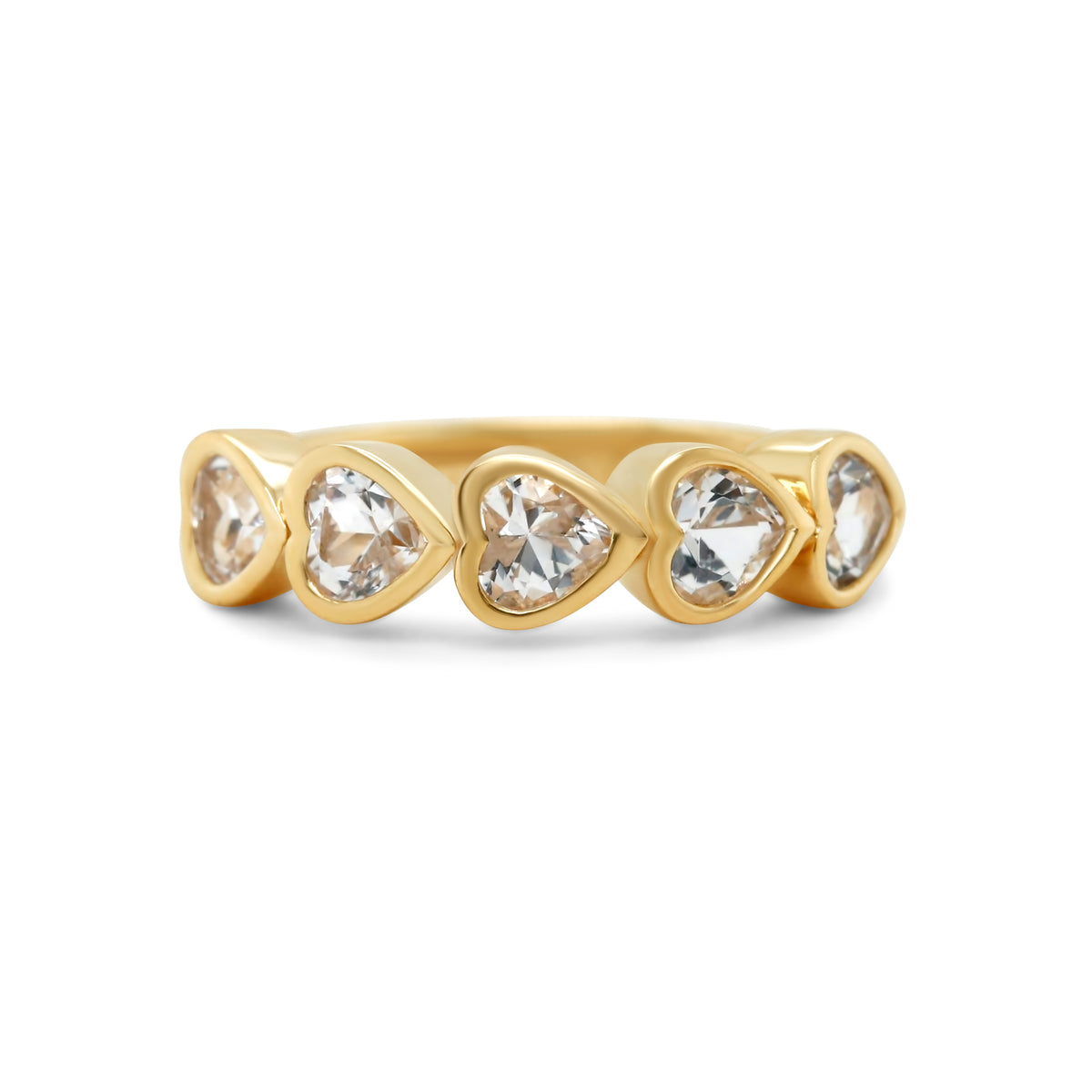 14k yellow gold bezel set east west heart shape white topaz gemstone ring