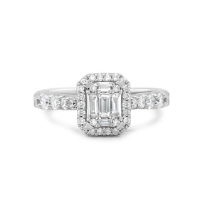 14k white gold emerald and round cut diamond estate engagement ring with diamond halo and accent stones