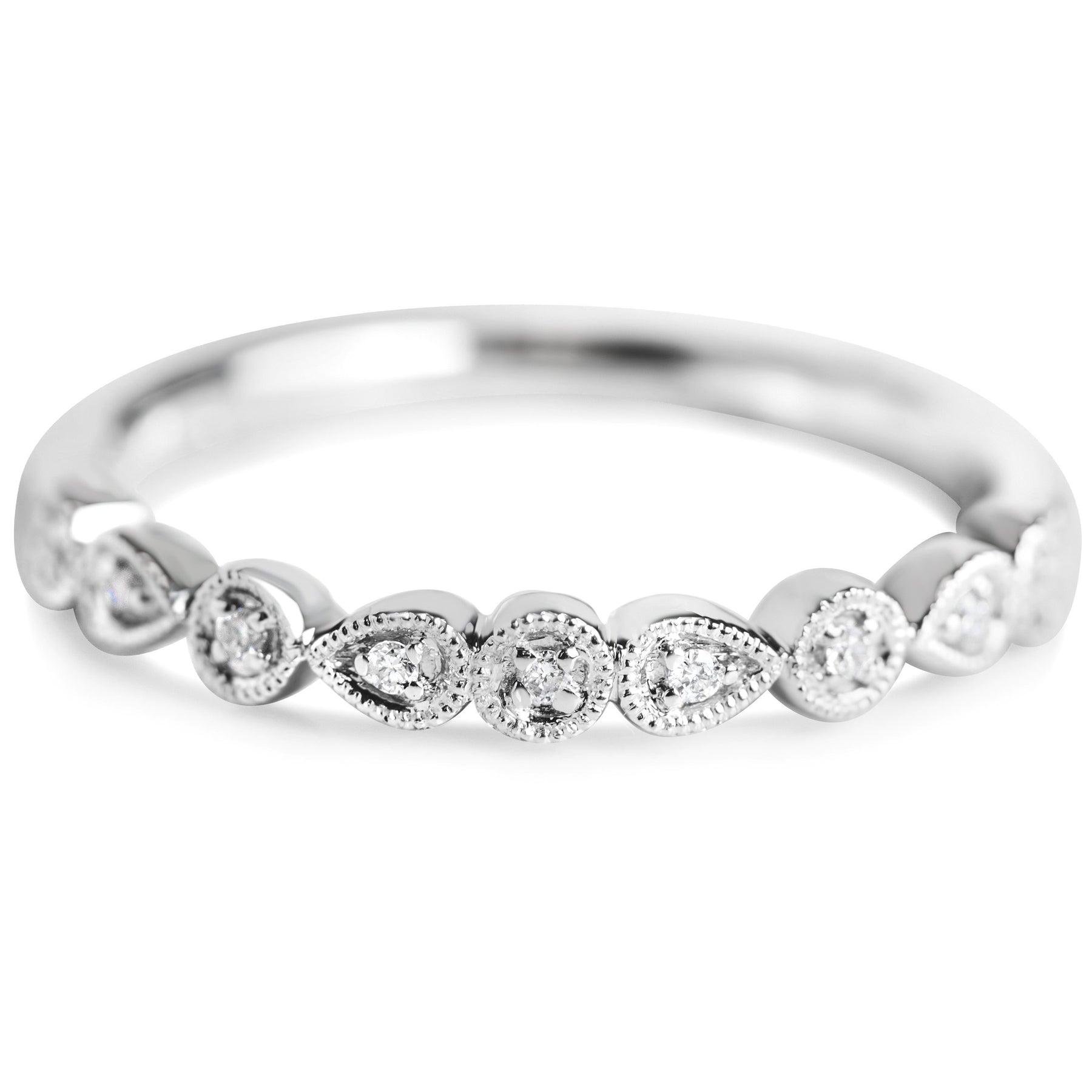 white gold diamond wedding band or stack ring with milgrain details