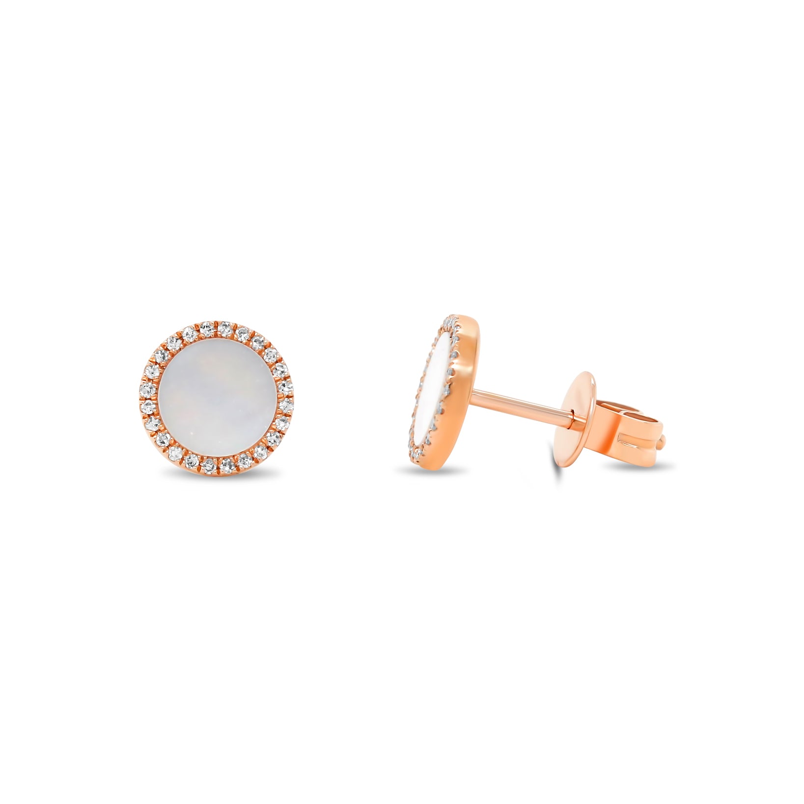 14k rose gold mother of pearl diamond halo stud earrings