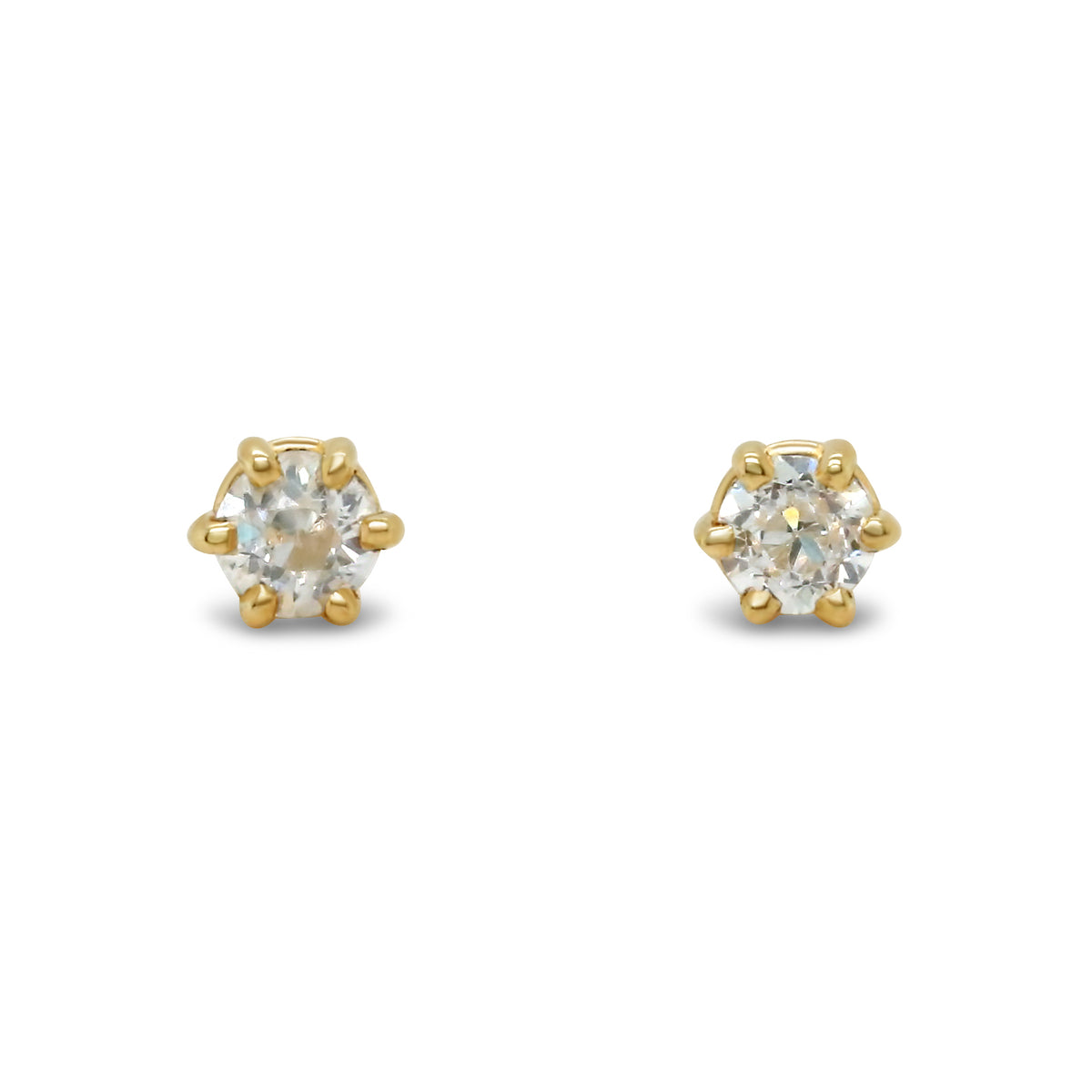 14k yellow gold six prong set warm old European cut diamond stud earrings