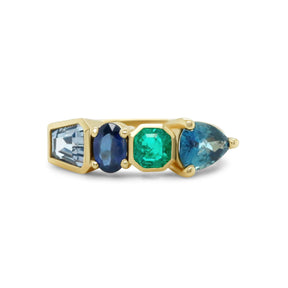 14k yellow gold blues and green multi gemstone ring with bezel and prong set sapphires and emerald