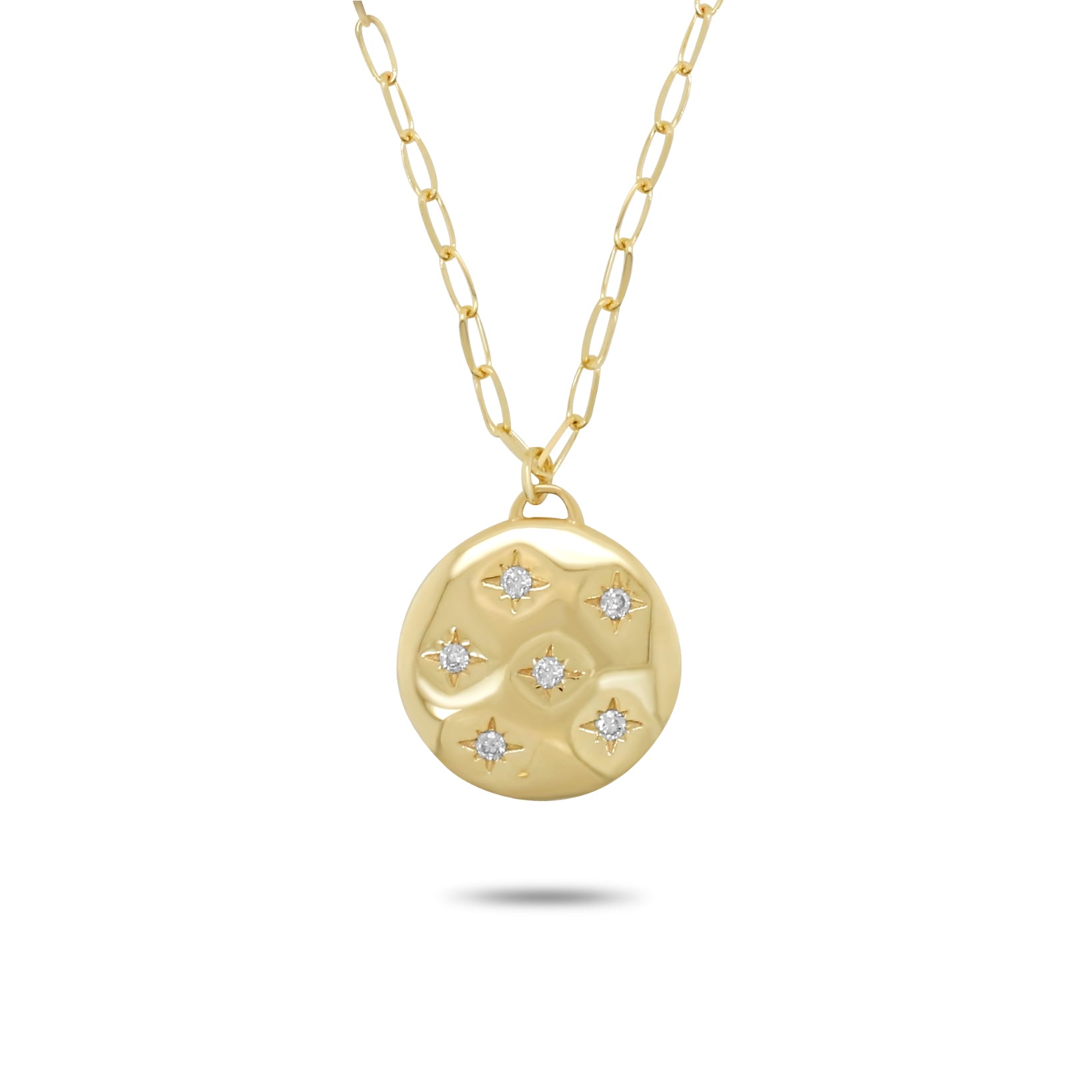 14k yellow gold 22inch paperclip chain diamond starburst medallion necklace