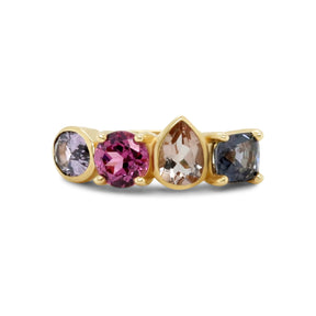 14k yellow gold pinks and purples multi gemstone ring with bezel and prong set spinels morganite rhodolite