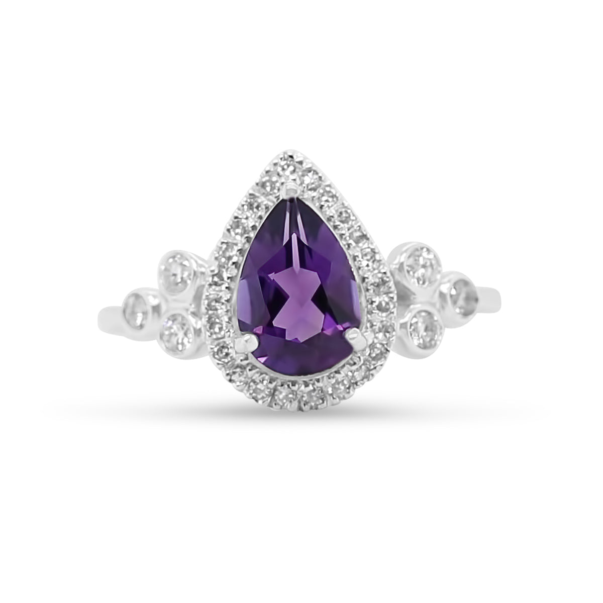 14k white gold pear shaped amethyst diamond halo bezel set diamond trio side stones contemporary estate ring