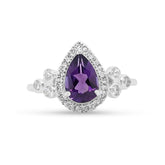 14k white gold pear shaped amethyst diamond halo bezel set diamond trio side stones contemporary estate ring