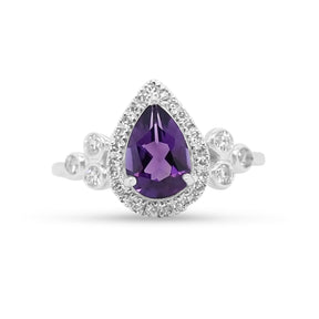 14k white gold pear shaped amethyst diamond halo bezel set diamond trio side stones contemporary estate ring