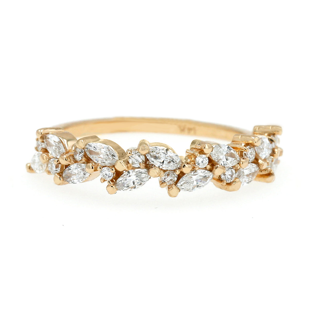 14k gold double row marquise diamond round brilliant cut diamond cluster wedding band