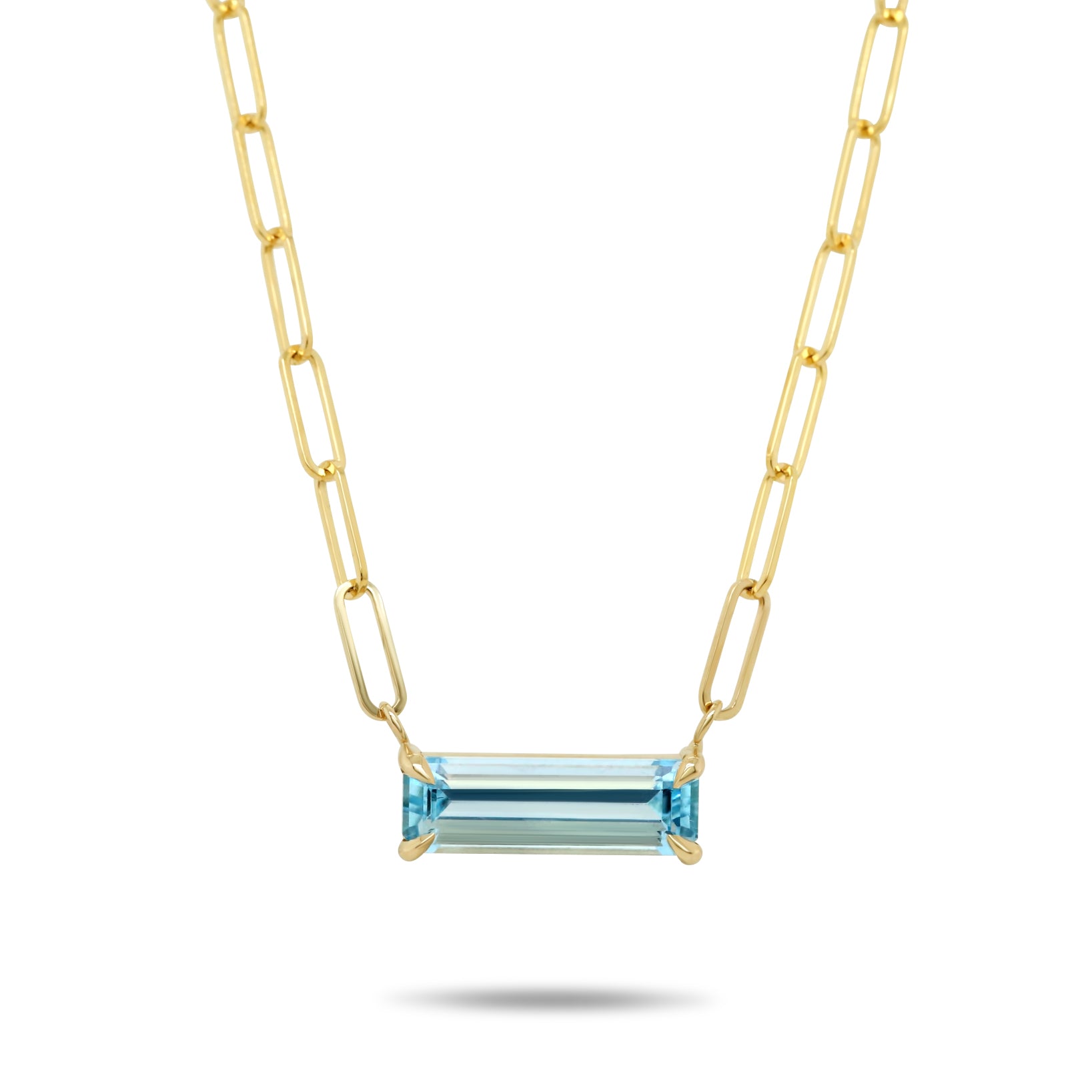 14k yellow gold paperclip chain gemstone necklace elongated emerald cut aquamarine
