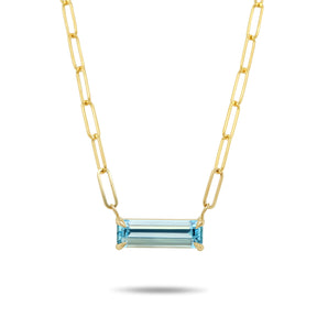 14k yellow gold paperclip chain gemstone necklace elongated emerald cut aquamarine