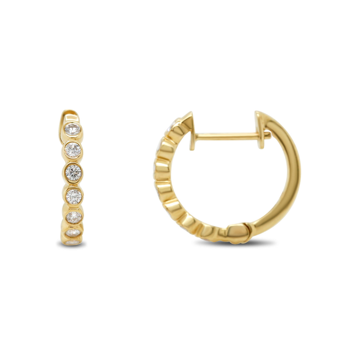 14k yellow gold bezel set round cut diamond huggie hoop earrings