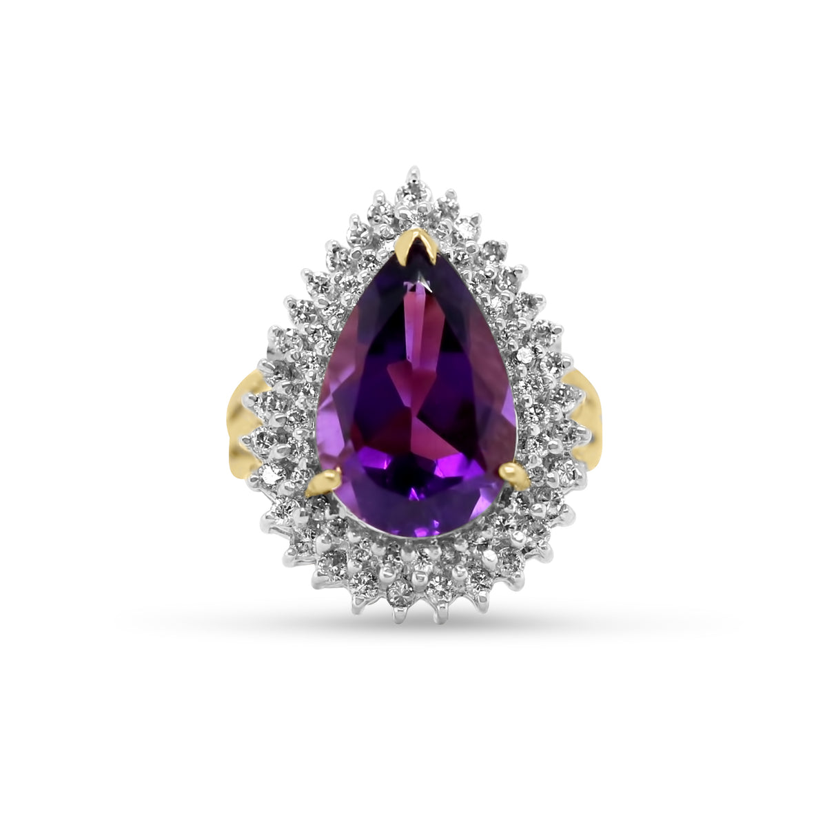 14k yellow gold pear shaped amethyst tiered diamond halo split shank estate ring