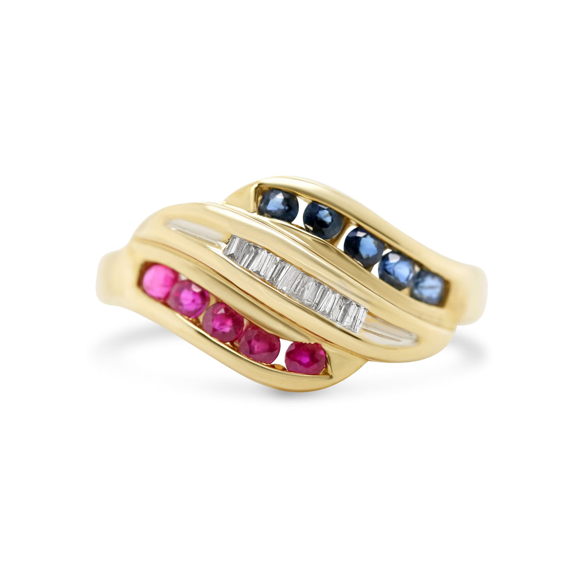 14k yellow gold modern channel set sapphire ruby diamond estate ring