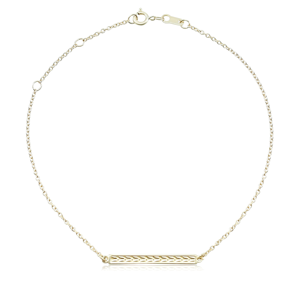 14k yellow gold engraved bar bracelet adjusts from 6.5 to 7.5 inches