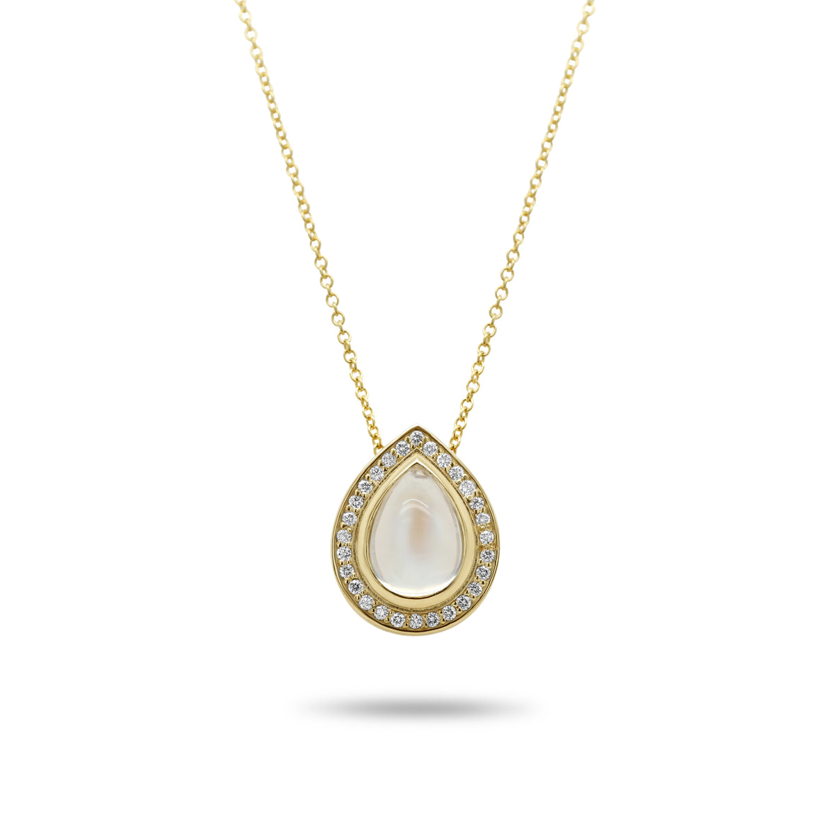pear shape bezel set moonstone diamond halo slide pendant 14k yellow gold necklace