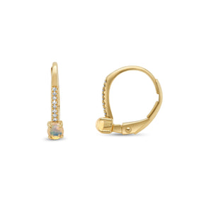 14k yellow gold small diamond pave leverback hoops with opal earrings