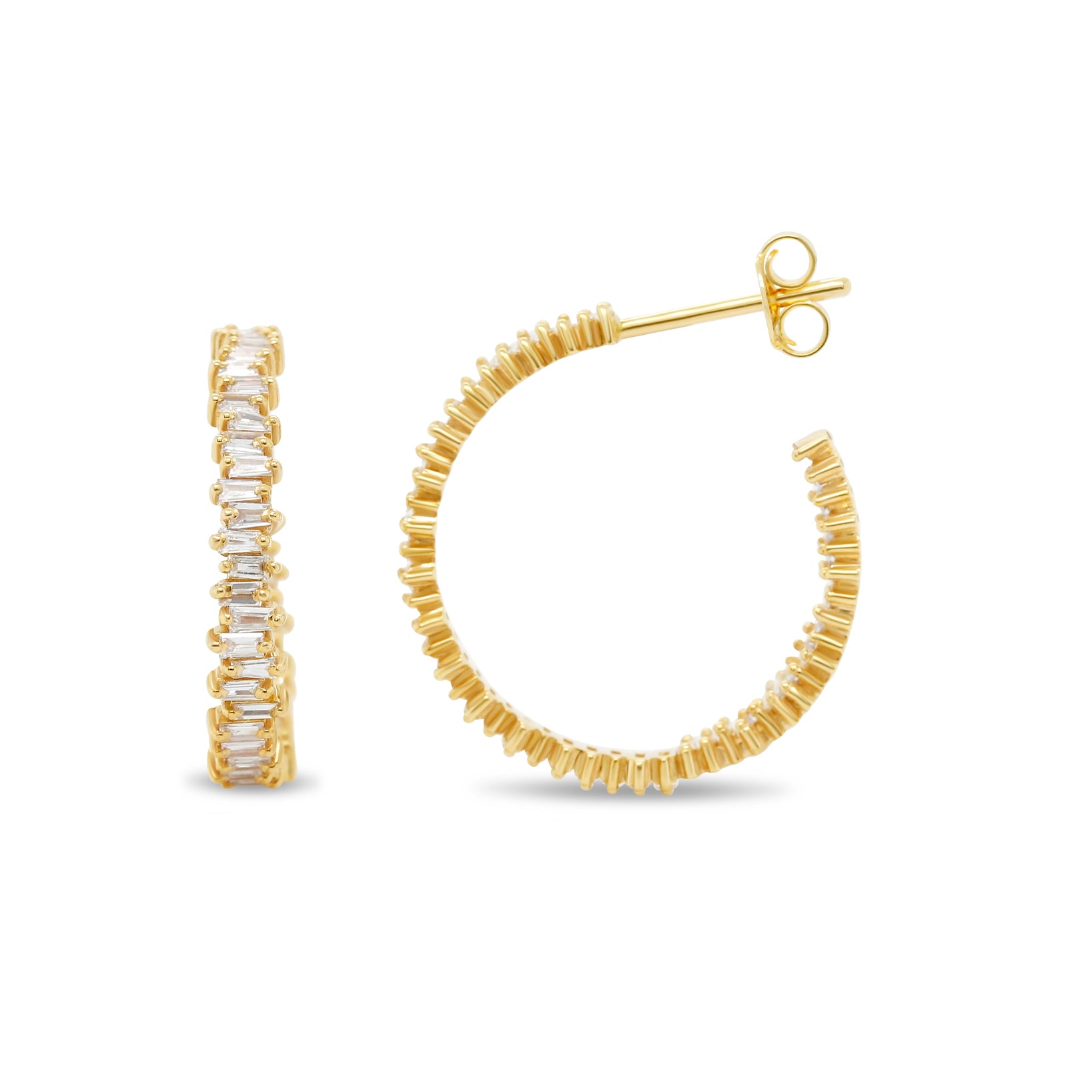 14k yellow gold staggered baguette diamond open hoop earrings
