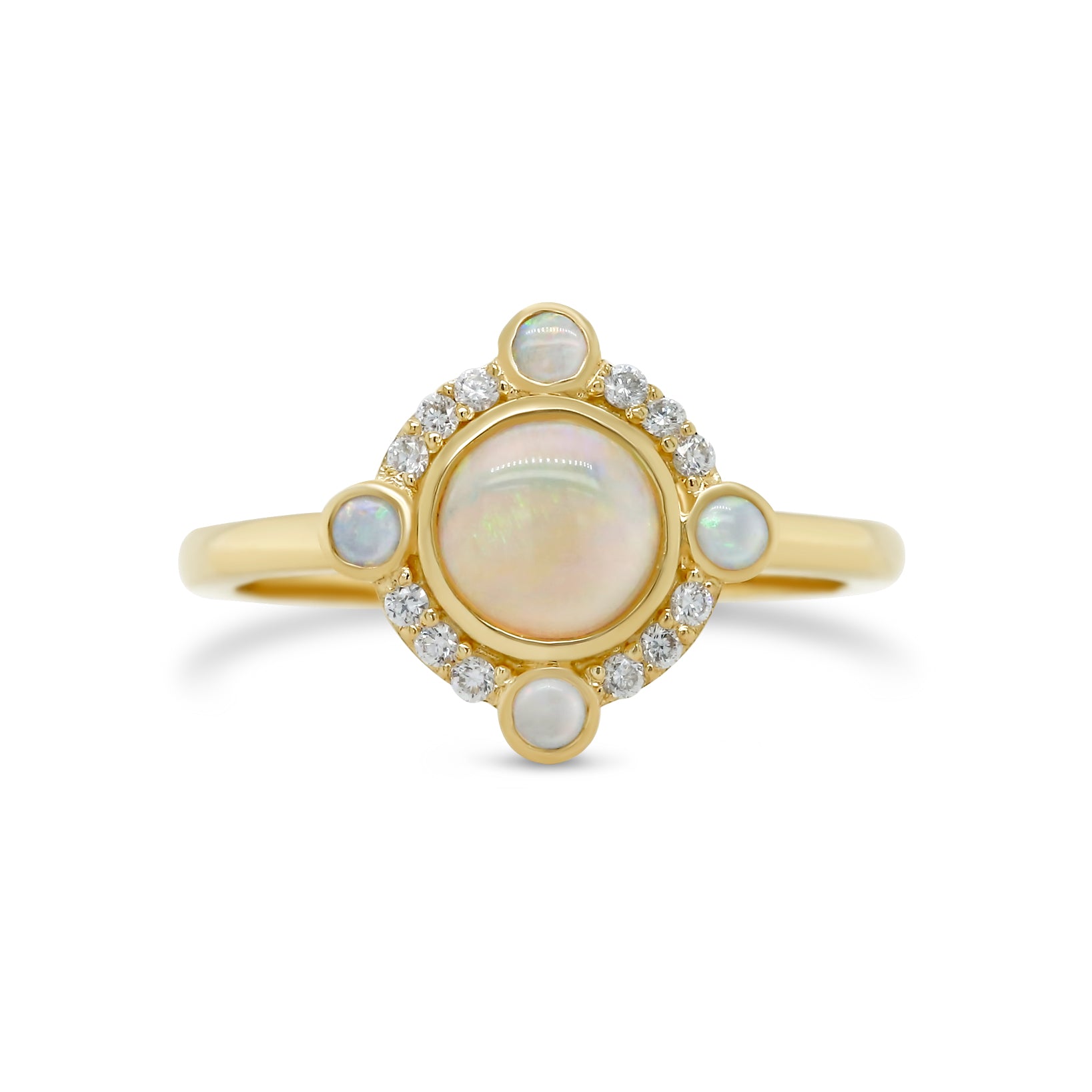 bezel set round opal NSEW bezel set accent opal and diamond halo 14k yellow gold ring