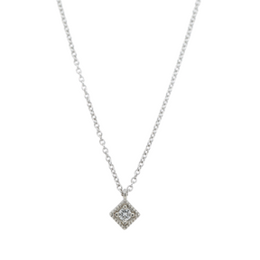 14k yellow or white gold dainty diamond necklace set in a beaded square with a 16in chain under $500