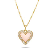 14k yellow gold heart shaped pink opal gemstone double diamond pave halo pendant necklace